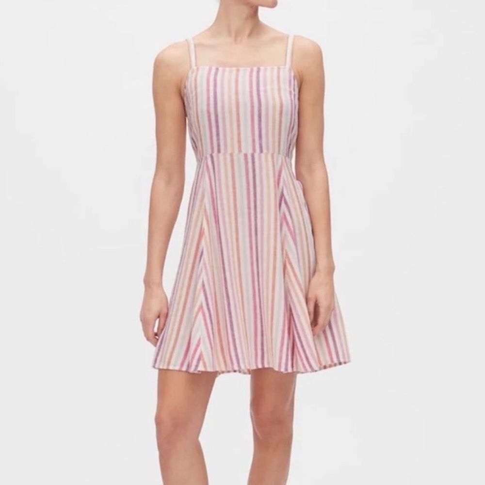 GAP Womens Cami Sleeveless Smocked Fit & Flare Dress Linen Blend Striped Summer